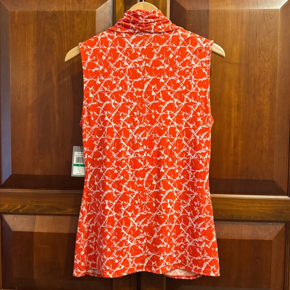 NWT CHAUS New York Women's Orange Leaf Print Faux Wrap Sleeveless Top Size L - Picture 3 of 10